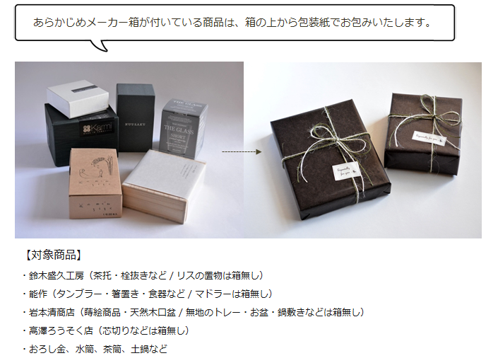 あらかじめメーカー箱が付いている商品は、箱の上から包装紙でお包みいたします｜暮らしのほとり舎