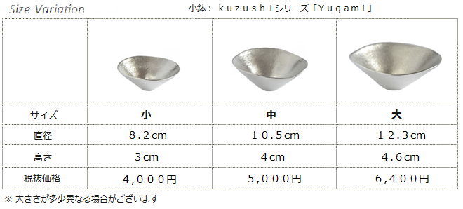 小鉢（Yugami・Kuzushiシリーズ）サイズ・寸法表
