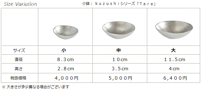 小鉢（Tare・Kuzushiシリーズ）サイズ・寸法表