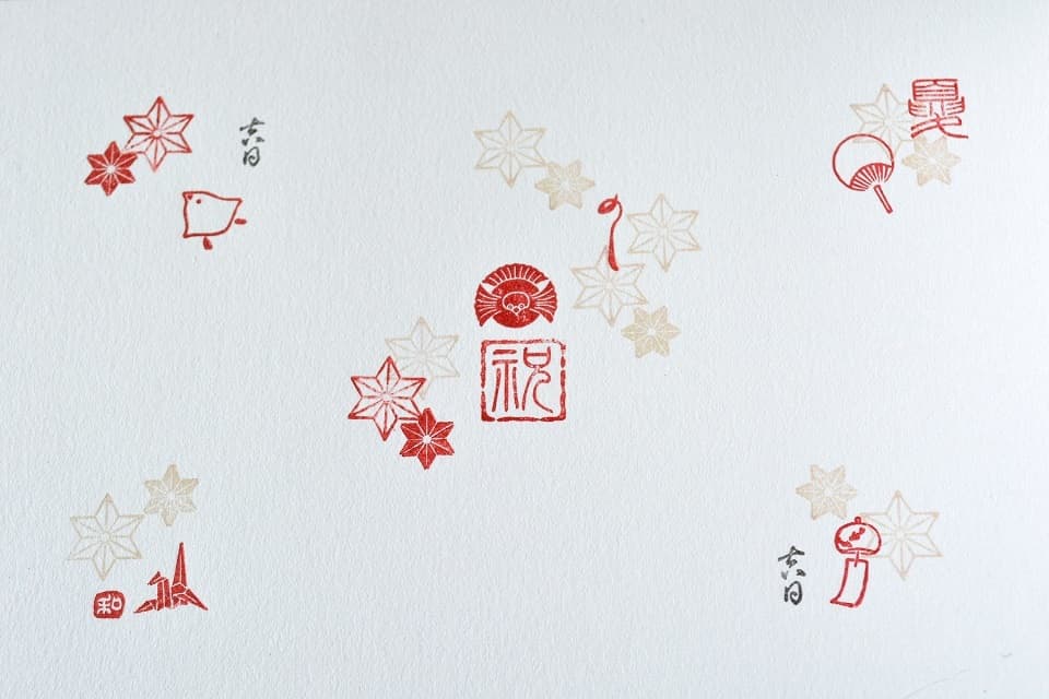 遊楽の印「麻の葉 (赤・白)」 印影組み合わせイメージ ｜ 暮らしのほとり舎