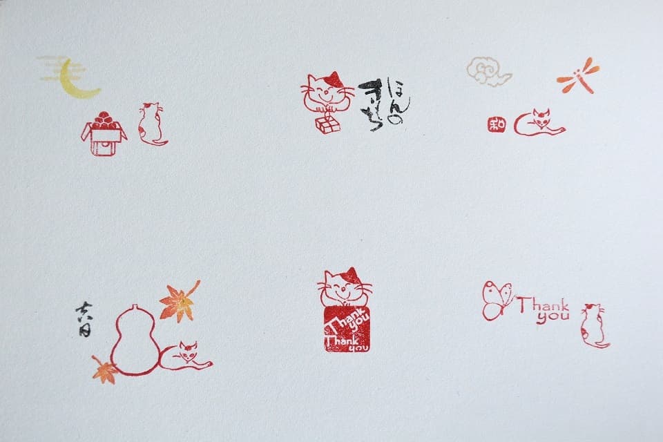 遊楽の印「ねこちゃま」「猫 (鍬形蕙斎)」「ぶちねこ」 印影組み合わせイメージ｜暮らしのほとり舎