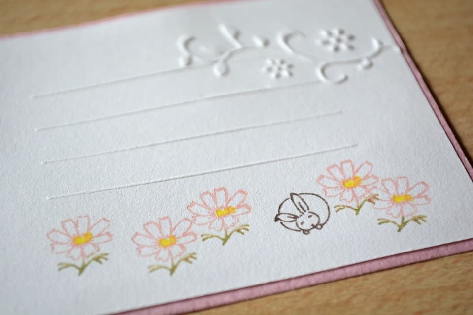 遊楽の印「秋桜 (こすもす)」×「うさぎ (にっこり)」 カード｜暮らしのほとり舎