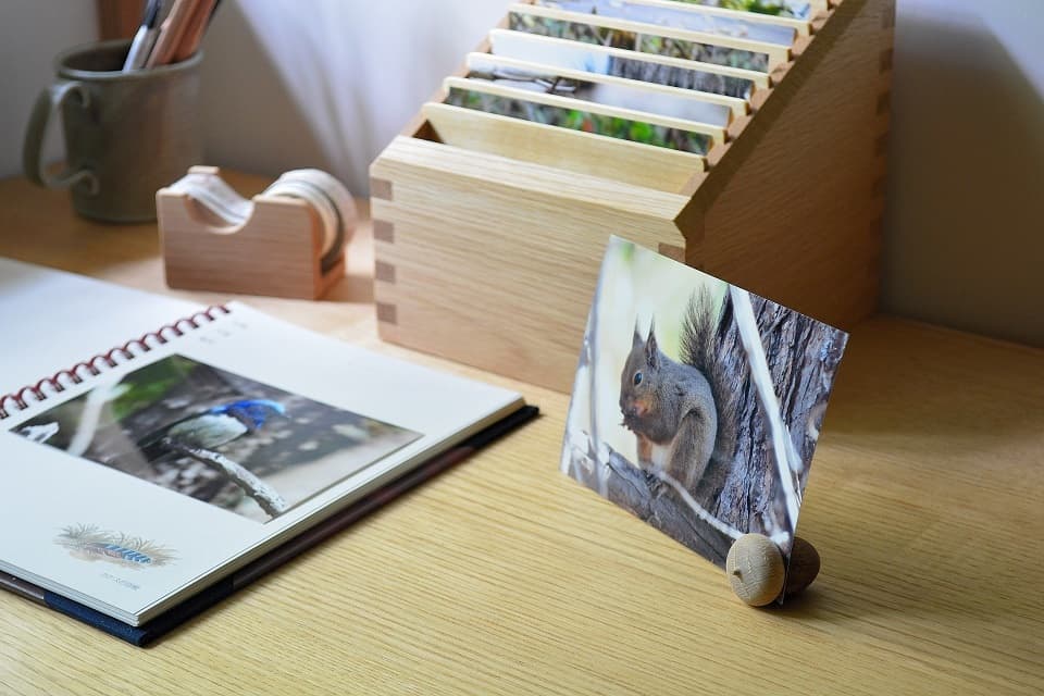 お気に入りの写真やポストカード、メモなどを挟むことが出来る「どんぐりカードスタンド」